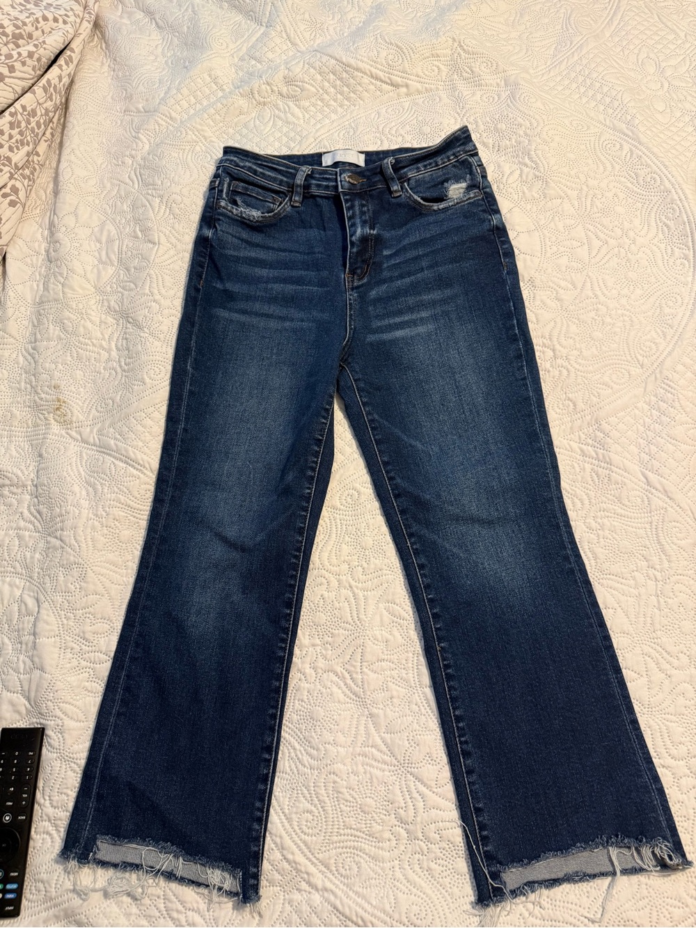 Dark Indigo Distressed Hem Flare Jeans - Unbranded
